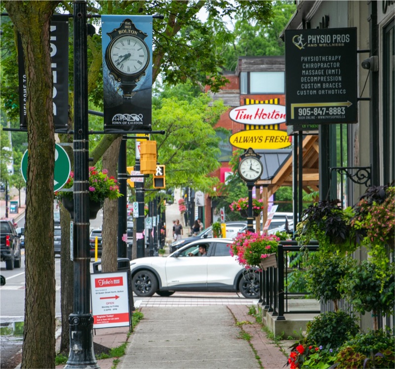 Downtown Bolton Ontario street scene with local shops and restaurants